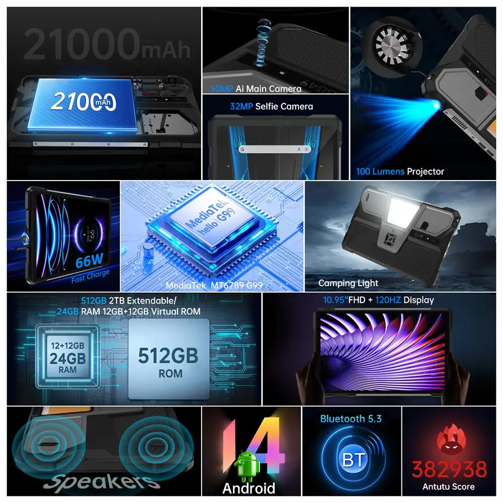 Unihertz 8849 TANK PAD E Rugged Tablet with Projector  24GB+512GB Android 21000mAh 120Hz 50MP Camera66W 10.95 inch Phone Table