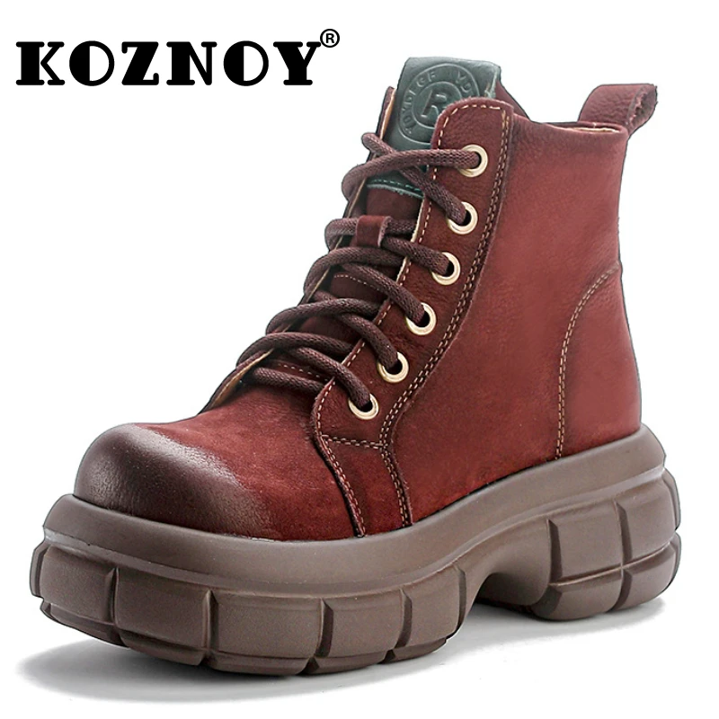 

Koznoy 6cm Genuine Leather Wedge Platform Women Boots Wide Toe Ankle Booties Ethnic Autumn Spring ZIP Motorcycle Fashion Shoes
