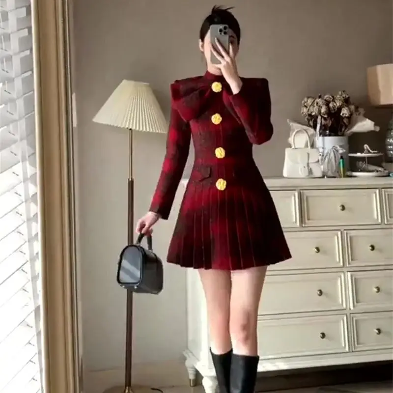 

Luxury Women's Formal Dress New Autumn Winter Long Sleeved Slim Golden Buttons Elegant A Line Dress Lady Bow Party Dresses J002