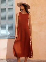 Summer Solid Patchwork Loose Midi Dress Women Casual O-neck Sleeveless Split Vintage Dress Female Beach Holiday Sundresses 2025 - Image 3