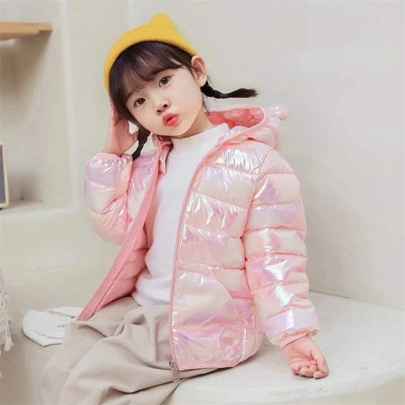 Kids Shiny Bear Ear Hooded Puffer Jacket Girls Boys Colorful Metallic Coat Winter Warm Outwear