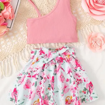 소녀용 비대칭 조끼, 넥타이 플로럴 스커트, 여름용 2 피스