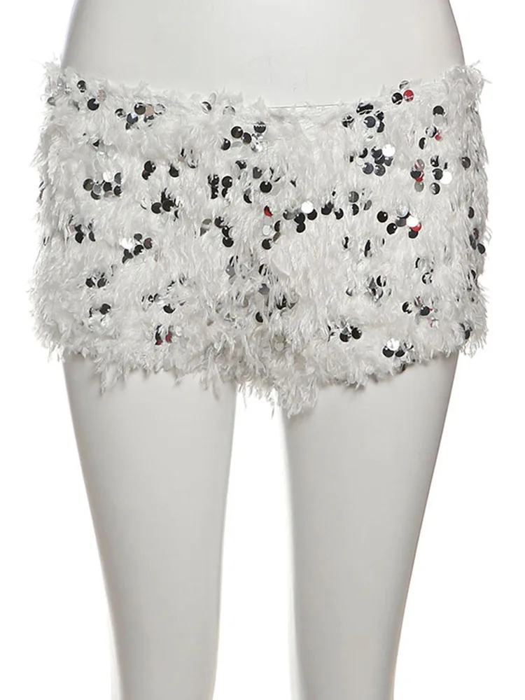 Nibber Sequins Fluffy Tassels 2-Piece Set Women v-Neck Single-Breasted Vest+Mini Elastic Waist Shorts Sexy Hottie Hipster Suits