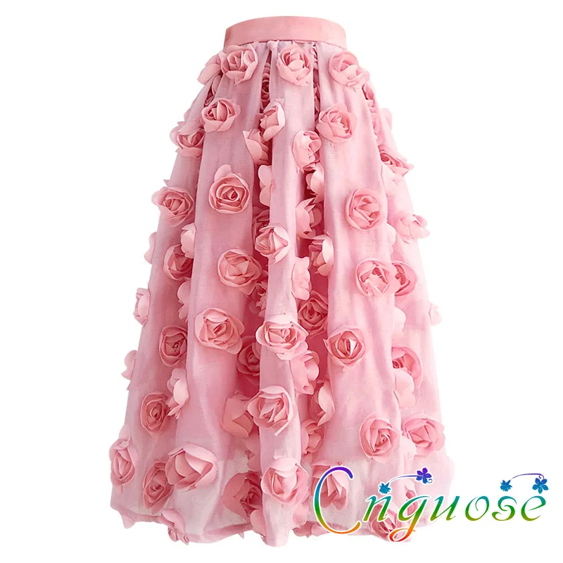 

2022 Female French Fashion Umbrella Sun High Waist Mesh Pink 3D Rose Three-dimensional Flower Tutu Midi Pleated Skirts Womens