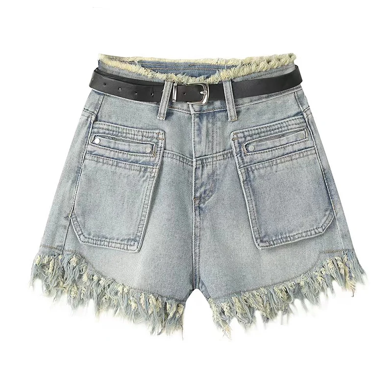 

Large Size Raw Edge Denim Shorts Women's Summer Loose Versatile High Waisted Double Pockets A-line Straight Wide Leg Hot Pants