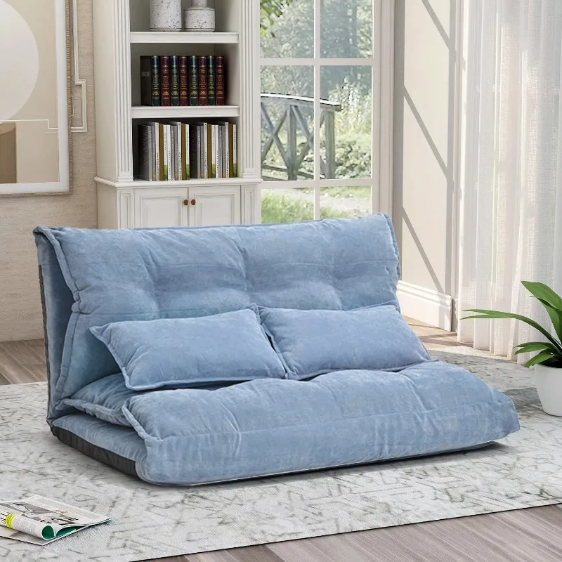 

Lazy Sofa Adjustable Folding Futon Sofa with Two Pillows Video Gaming Sofa for Living Room, Blue
