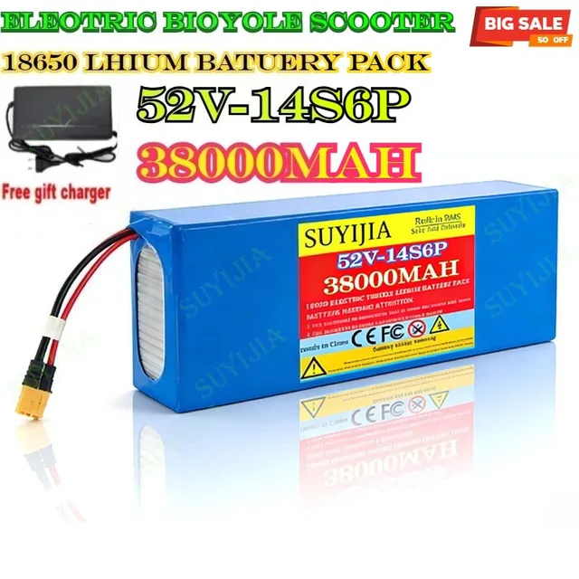 Batterie Li-ion Rechargeable 52V 14S6P 38Ah1500W batterie de Scooter motorisé Citycoco intégrée 50A BMS + chargeur 58.8V 1