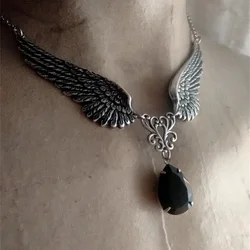 Silver Plated Heart and Angel Wings Pendant Necklace - Vintage Statement Jewelry (Black)