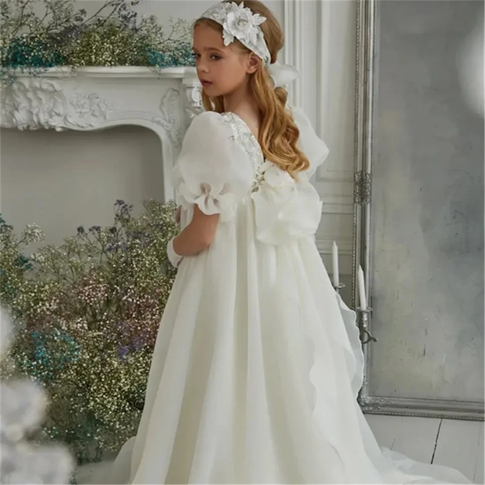 

Princess Ball First Communion Dresses White Bubble Sleeve Gauze Lace Printing Flower Girl Dress Kids Surprise Birthday Present