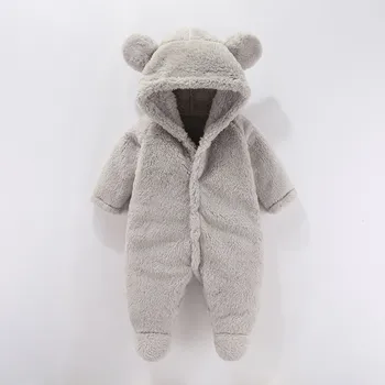 Newborn Baby Rompers Autumn Winter Warm Fleece Baby Boys Girls Costume Baby Clothing Solid Plush Overalls Hooded Jumpsuits 0-12M 5