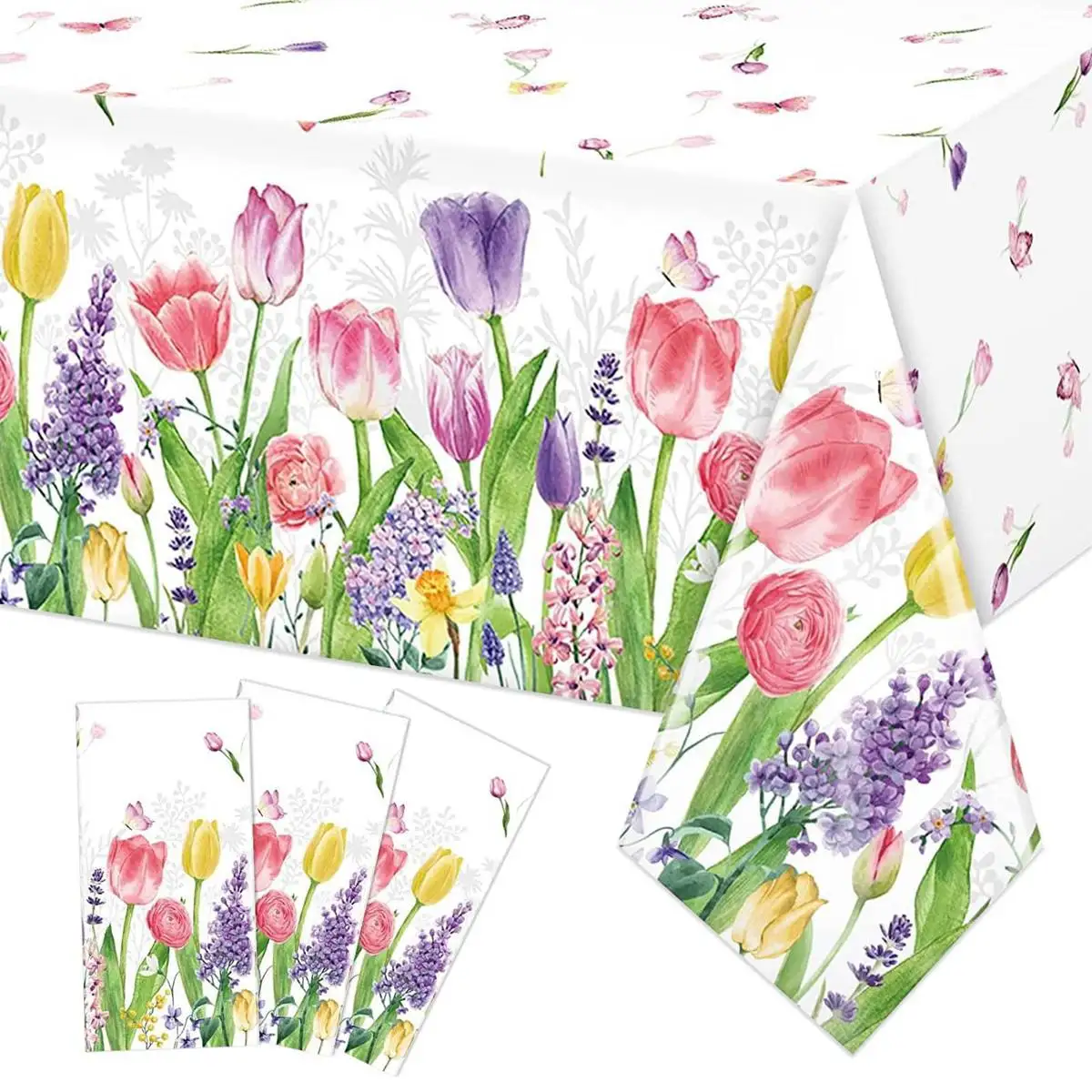 

274x137cm Spring Waterproof Tablecloth Watercolor Flowers Tulip Lavender Floral PE Table Cover Party Picnic Dinner Table Decor