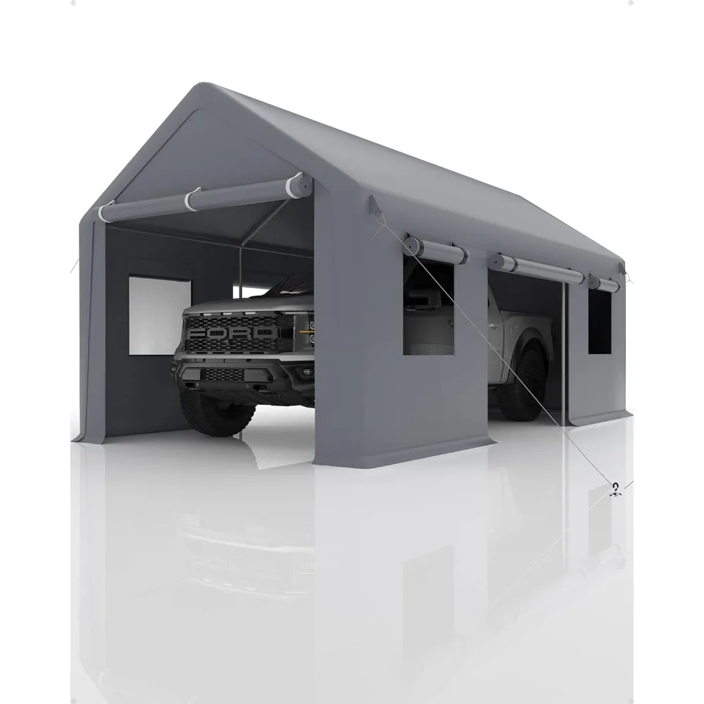 

13'x20' Portable Garage, Heavy Duty Carport Canopy, Reinforced Steel Poles, 4 Roll-up Doors & 4 Windows Gray Free shipping