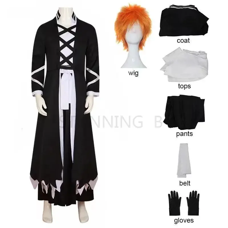 

Anime Bleach Costume Kurosaki Ichigo Cosplay Thousand-Year Blood War Wig Black Shinigami Attire Outfit Uniform Halloween Men Clo