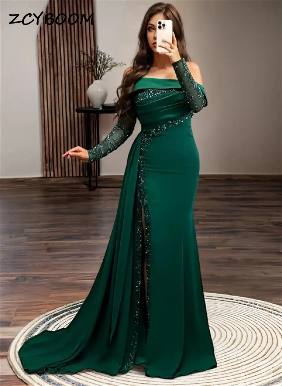 

Charming Strapless Boat Neck Sequined High Slit Mermaid Sexy Evening Dress 2024 Formal Court Train Floor Length Prom Dress