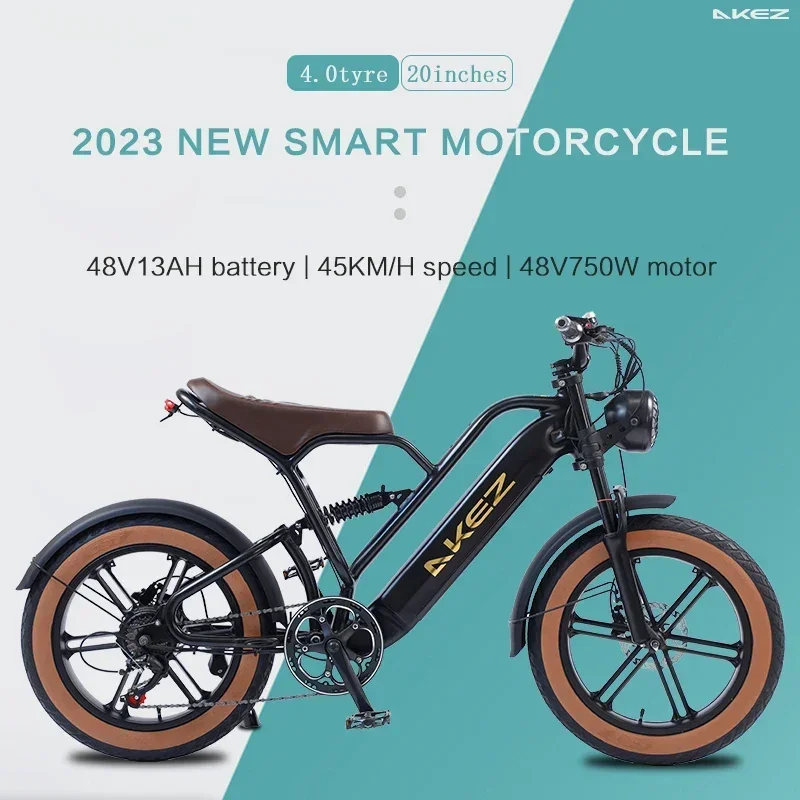 AKEZ 750W Motor Electric Mountain Bike 20"x4.0" Fat Tire Full Suspension Adult Electric Bicycle 48V 13AH Removable Battery Ebike