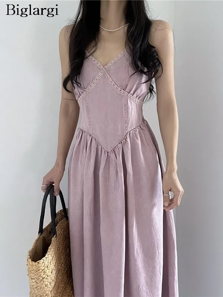 

Denim Pink Summer Sleeveless Slip Backless Dress Women Slim Modis V-Neck Ladies Dresses Korean Style Ruffle Pleated Woman Dress