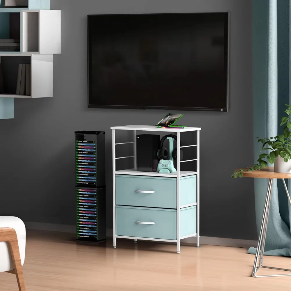 2 Drawer Shelf Storage Nightstand-Kids Bedside Furniture End Table Night Stand with Steel Frame Wood Top