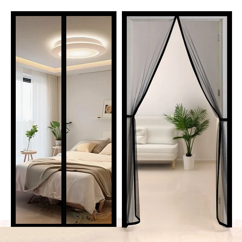 Stylish Black Magnetic Mosquito Screen Door Curtain, Durable Self-Adhesive Mesh with Secure Magnetic Closure, Ideal for Any Home