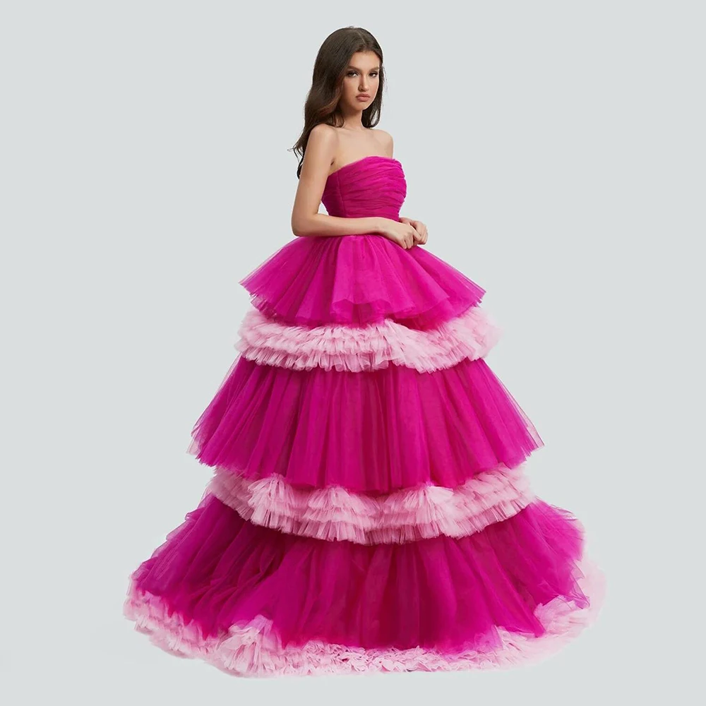 

Hot Pink Strapless Evening Dress New Fashion Layered Gauze Party Prom Photo Shoot Gown فساتين مناسبة رسمية