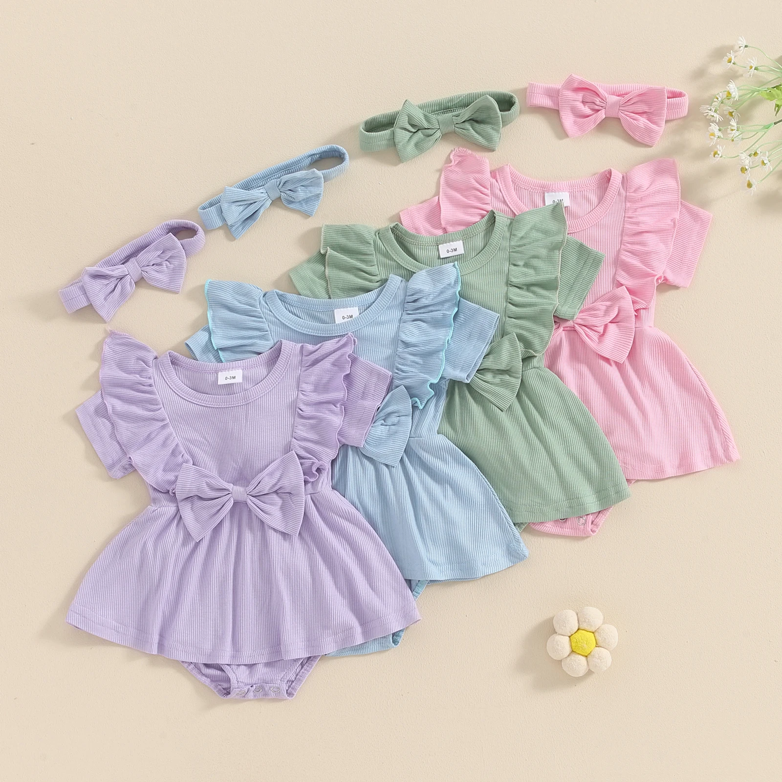 

Sweety Infant Baby Girl Romper Dress Solid Color Ribbed Ruffled Short Sleeve Round Neck Bodysuits Jumpsuit with Bow Headband