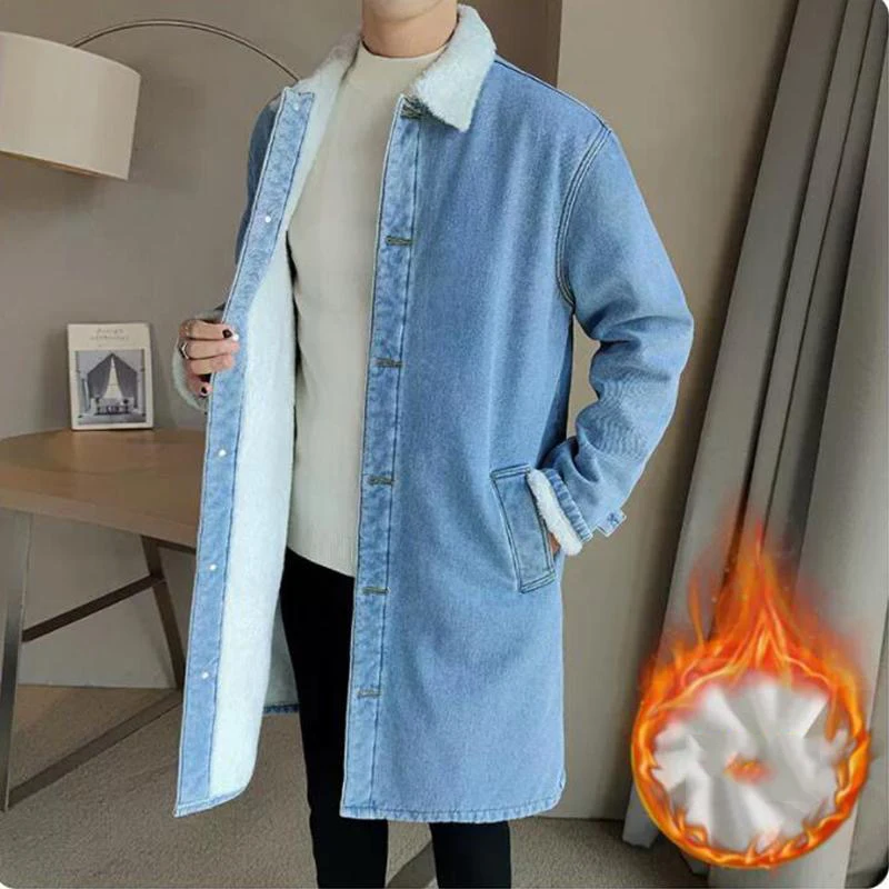 Trench Coat Warmth Coat Waterproof Windbreaker Jacket Casual Men Jacket Vintage Denim Trench Coat Men Medium Long Styles Loose Tops Windbreaker Autumn Winter With Plush Thickening Overcoat Jacket