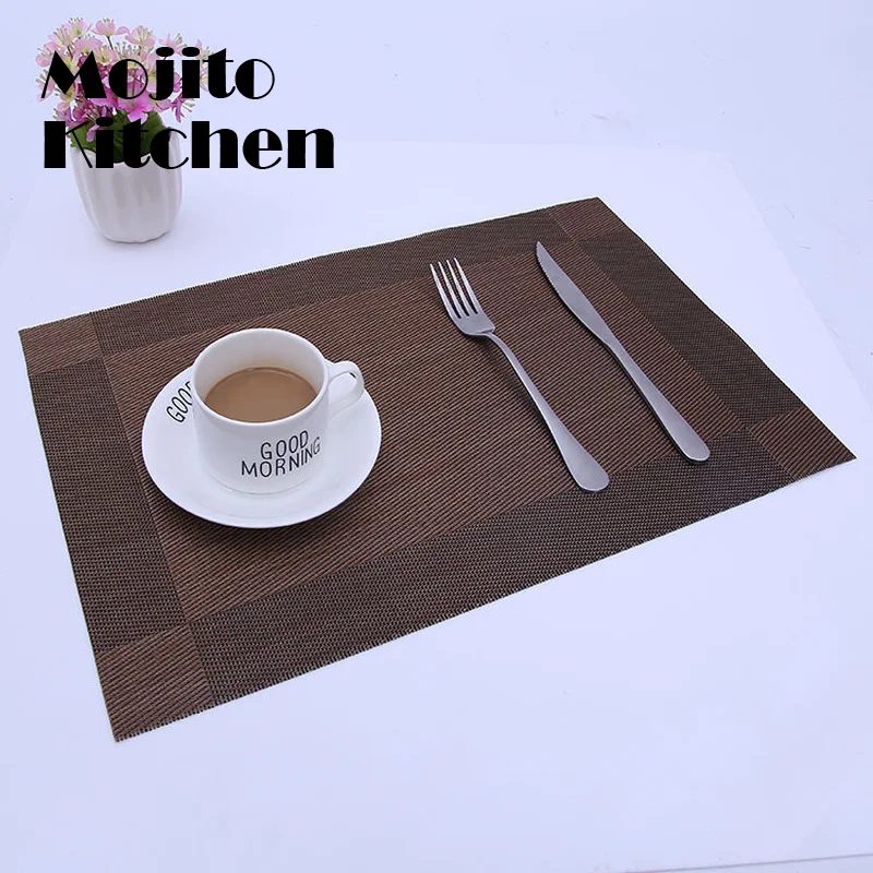 

6/4pcs Rectangle Placemat Restaurant Washable PVC Durable Dining Table Weave Mats Frame Teslin Disc Bowl Coaster Non-slip Pad