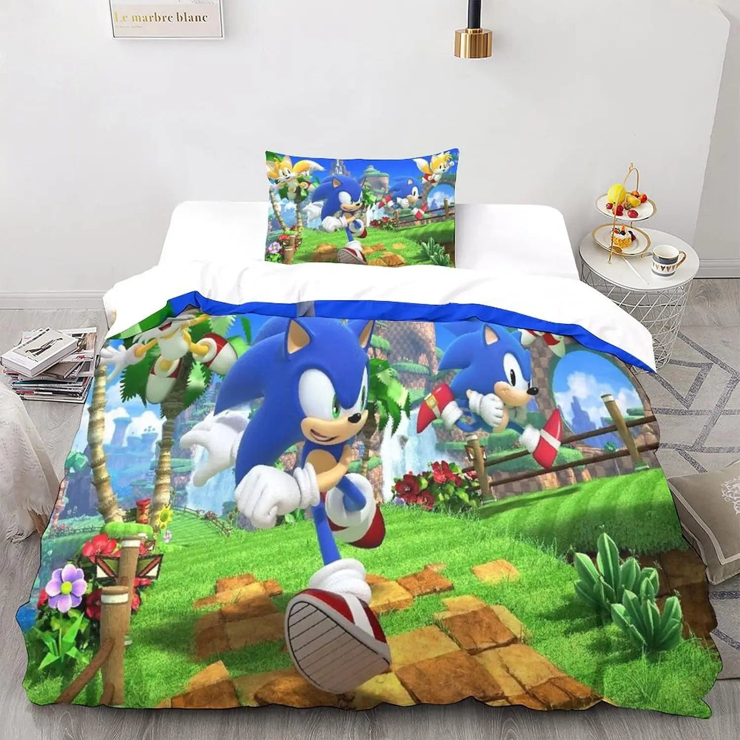 thumbnail image 1 of Funda nórdica con estampado de animación 3D de Sonic para niños, niñas y adolescentes, microfibra animada con cremallera y fundas de almohada, 1 of 5