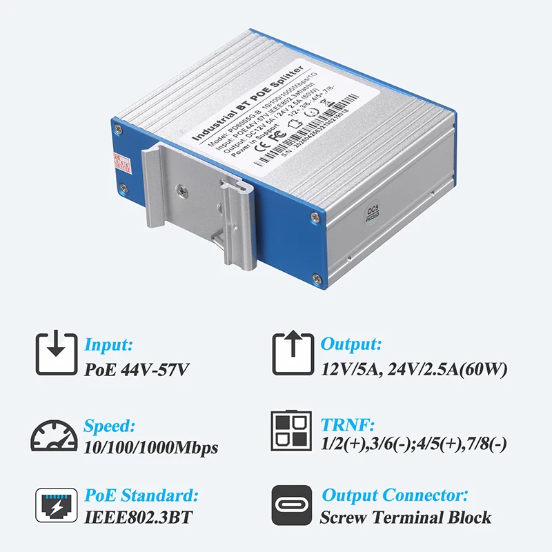 산업용 기가비트 PoE 스플리터, IEEE802.3bt 60W 최대, DIP 스위치 조절 가능 12V/24V DC 출력, 비PoE 카메라, 무선 AP용