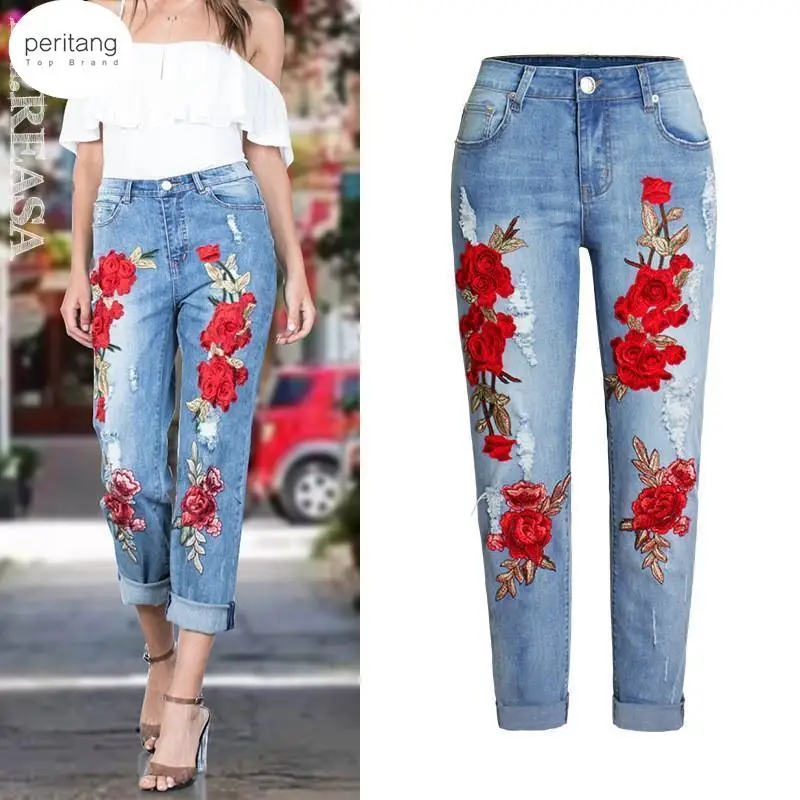 

2024 Ladies High Waist Mom Female Floral Jeans for Women Trousers Denim Pencil Pants Ripped Jeans Woman Straight Mujer Femme