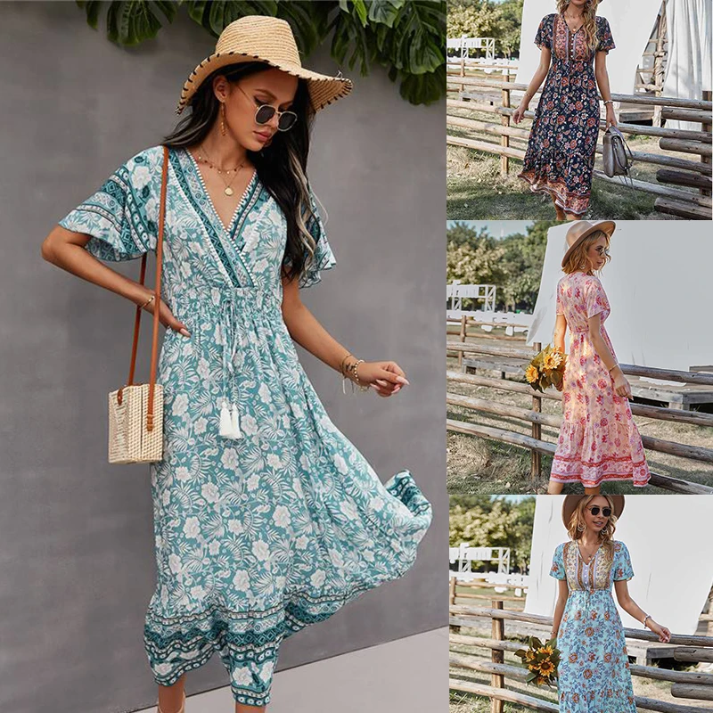 

Summer Midi Dress UK Size Floral Bohemian V neck Dyeing Ethnic Beach Holiday