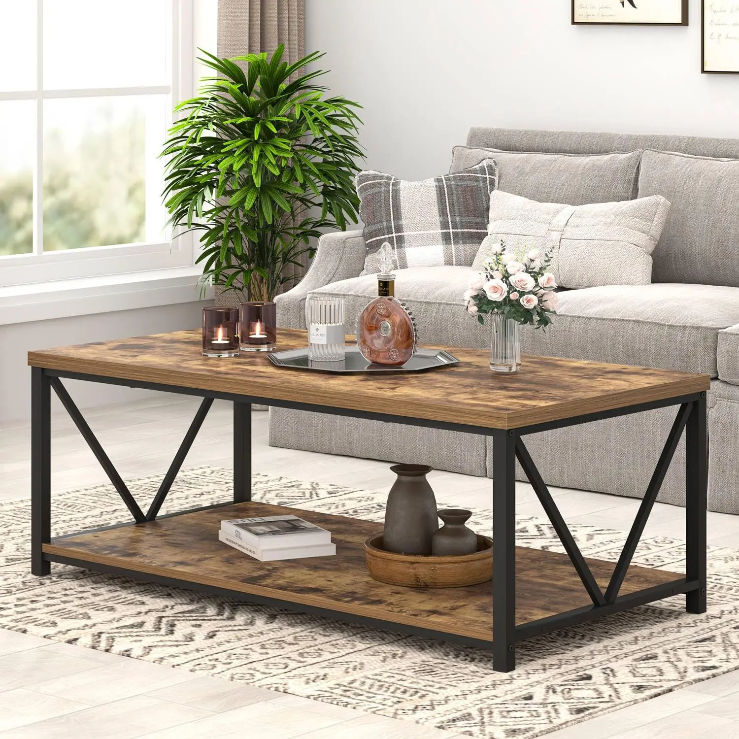 Rustic Wood & Metal Coffee Table with Storage Shelf 3