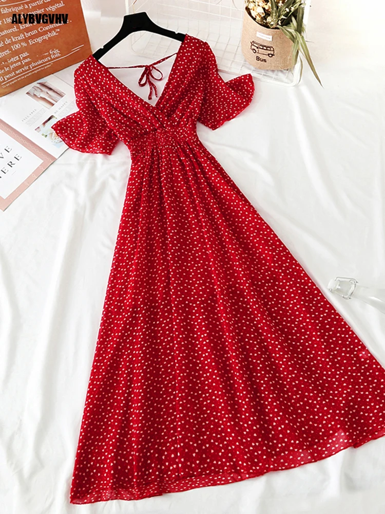 

Women Chiffon Long Dress Floral Print Short Sleeve High Waist A-line Red Sexy Dress Vestidos New Vintage V Neck Summer Dresses