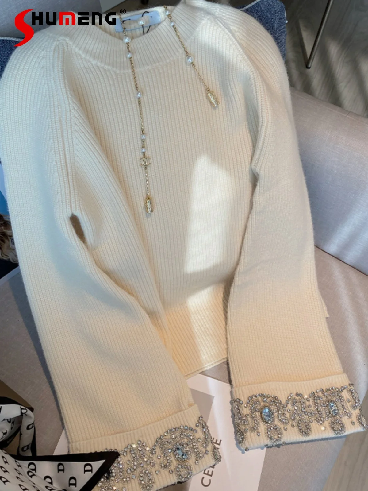 

Fashion 2024 Women's Spring Sweater New Handmade Rhinestone Knitwear Long Sleeve Sweaters Solid Color Pullover Knitted Tops