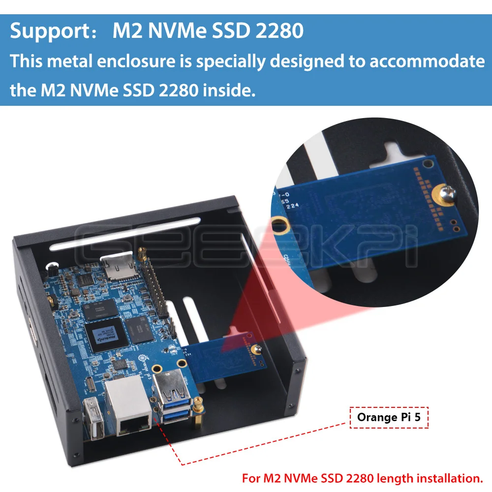 Geeekpi-laranja pi 5b Caixa de Metal Gabinete Casca de Ferro com Ventilador Dissipadores Suporta 2280 Ssd - Imagem 5