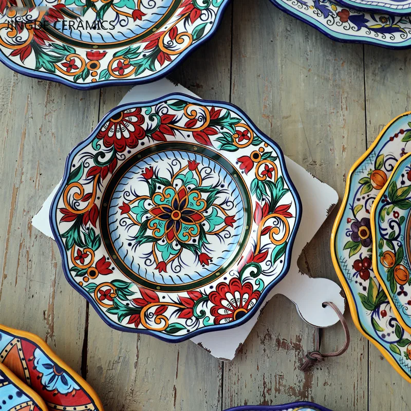24.9US $ 20% OFF|1pcs Bohemian Style Hand-painted Ceramic Plate Delicate Flower Tableware Western St...