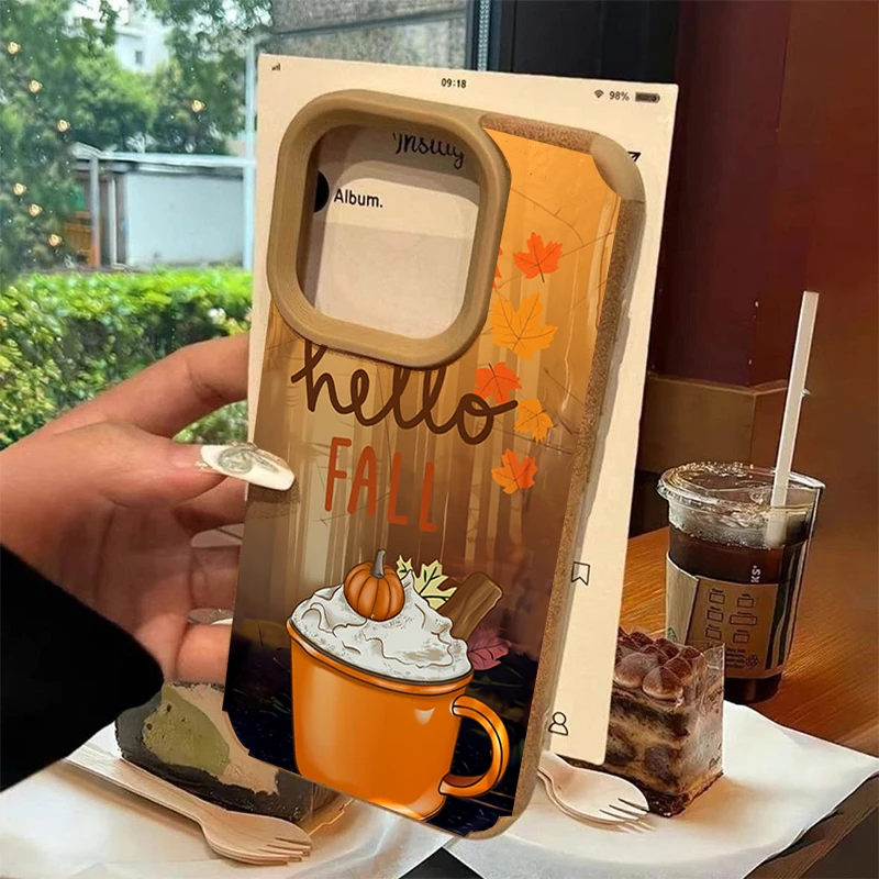 Autumn Halloween Themed Faux Leather Phone Case with Coffee Design