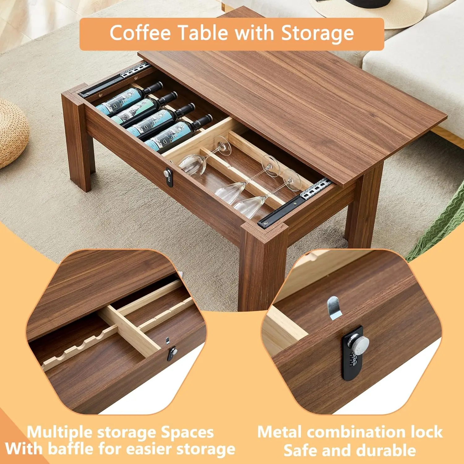Coffee Table with Hidden Storage,39" Mid Century Modern Coffee Table with Silent Slide and Lock,Wood Rectangle Center Cafe Table 6