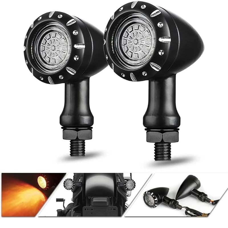 Universal Black Motorcycle Turn Signal Lights (Amber) - Fits Harley Bobber