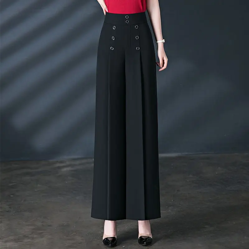 Fashion Summer Simple High Waist Casual Wide Leg Pants Women's Solid Patchwork Pockets Button Loose Versatile Straight Trousers