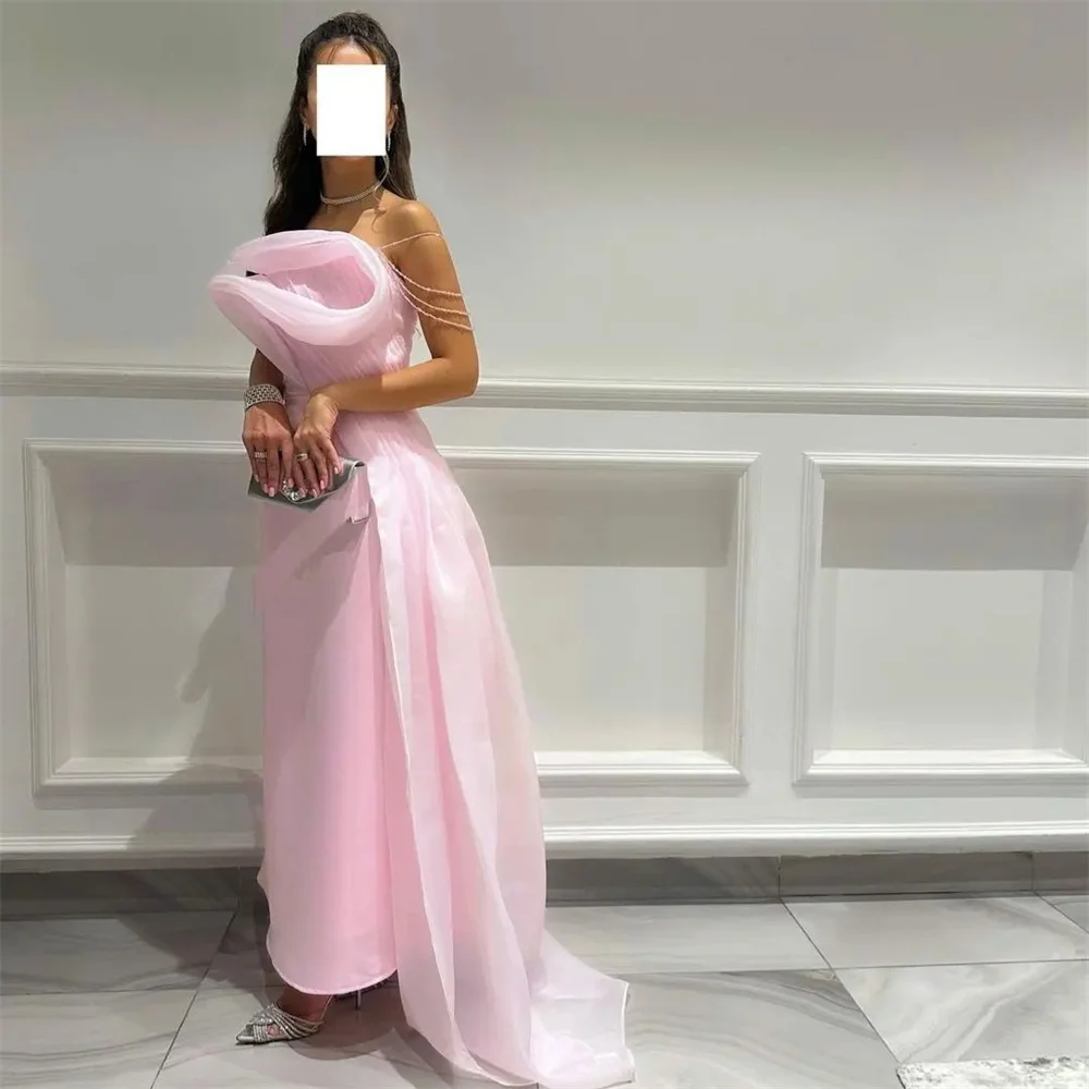 

MINGLAN Fashion Strapless Pleat Formal Sleeveless A Line Long Evening Dress Ankle Length Sweep Train Elegant Prom Gown New 2023