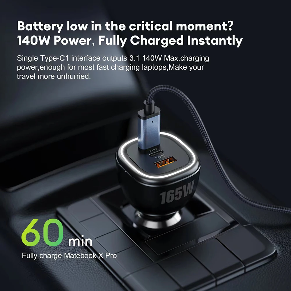 Ubigbuy 165W USB C 차량용 충전기, 맥북 프로 아이폰 15 용 PPS QC5 초고속 충전, PD3.1 140W/PD3.0 100W