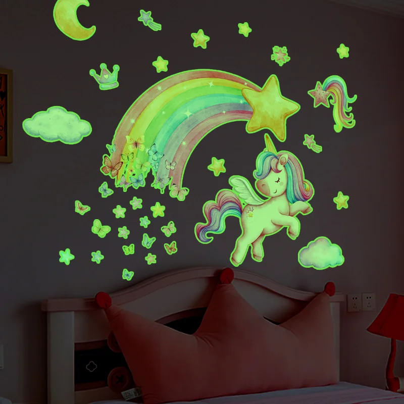 Stars Shine In The Dark Wall Stickers Rainbow Unicorn Phosphorescent Fluorescent Night Light For Baby Bedroom