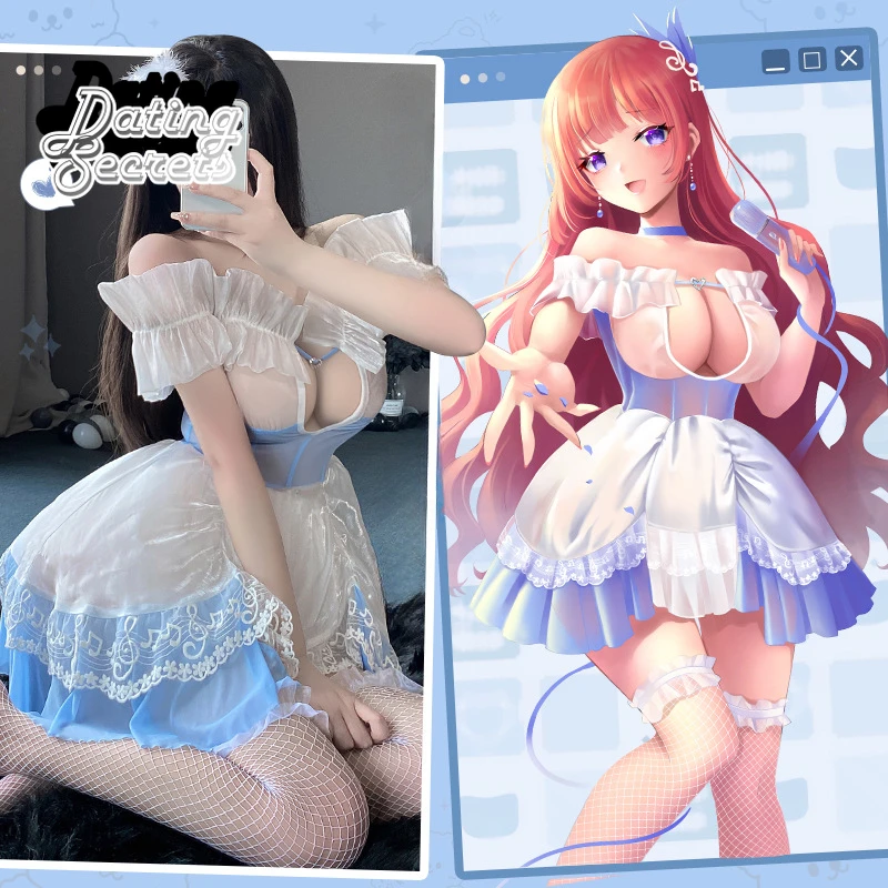 

Role Playing White Blue Lingerie One Shoulder Hollow Out Palace Cake Princess Fluffy Skirt Uniform Porno Costume Sexy Women Open