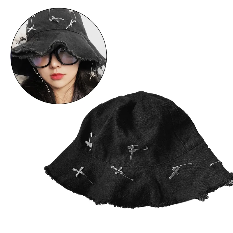 

Gothic Y2K Girls Bucket Hat with Cross Pendant Women Spring Summer Casual Fisherman Cap Female Outdoor Sun Protection Beanie Hat