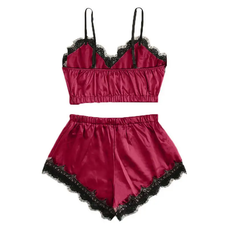 New Lingerie Sexy Bra Set Women's Sleepwear Sleeveless Strap Lace Trim Satin Cami Tops Pajama Sets Bras Women Brief Sets ﻿