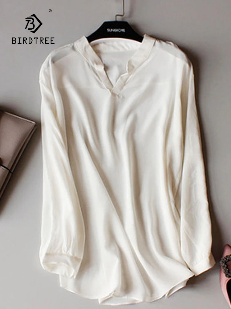 

Birdtree 17mm 100%Pure Silk Blouse Stand Collar Top European Clothes Women High Quality Mulberry Silk Shirt Summer T36608QC