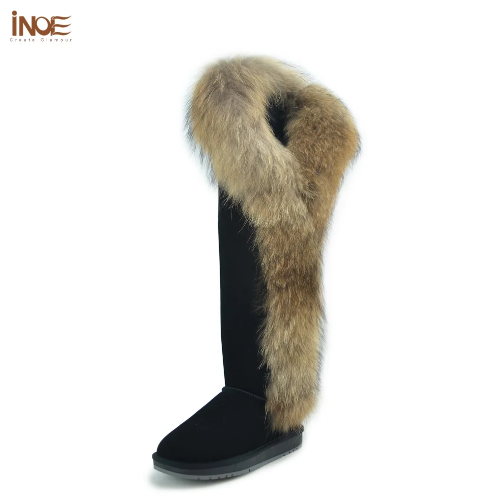INOE Natural Fox Fur Cow Suede Leather Over the Knee Long Winter Boots for Women Snow Boots Warm Shoes High Quality Black 35-44
