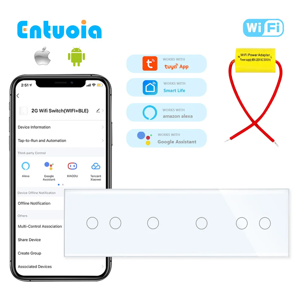 

Настенные выключатели ENTUOIA, 299 мм, Wi-Fi, сенсорные переключатели Google Alexa, 6-клавишный одножильный провод, Wi-Fi, светодиодные переключатели, темно-синяя подсветка