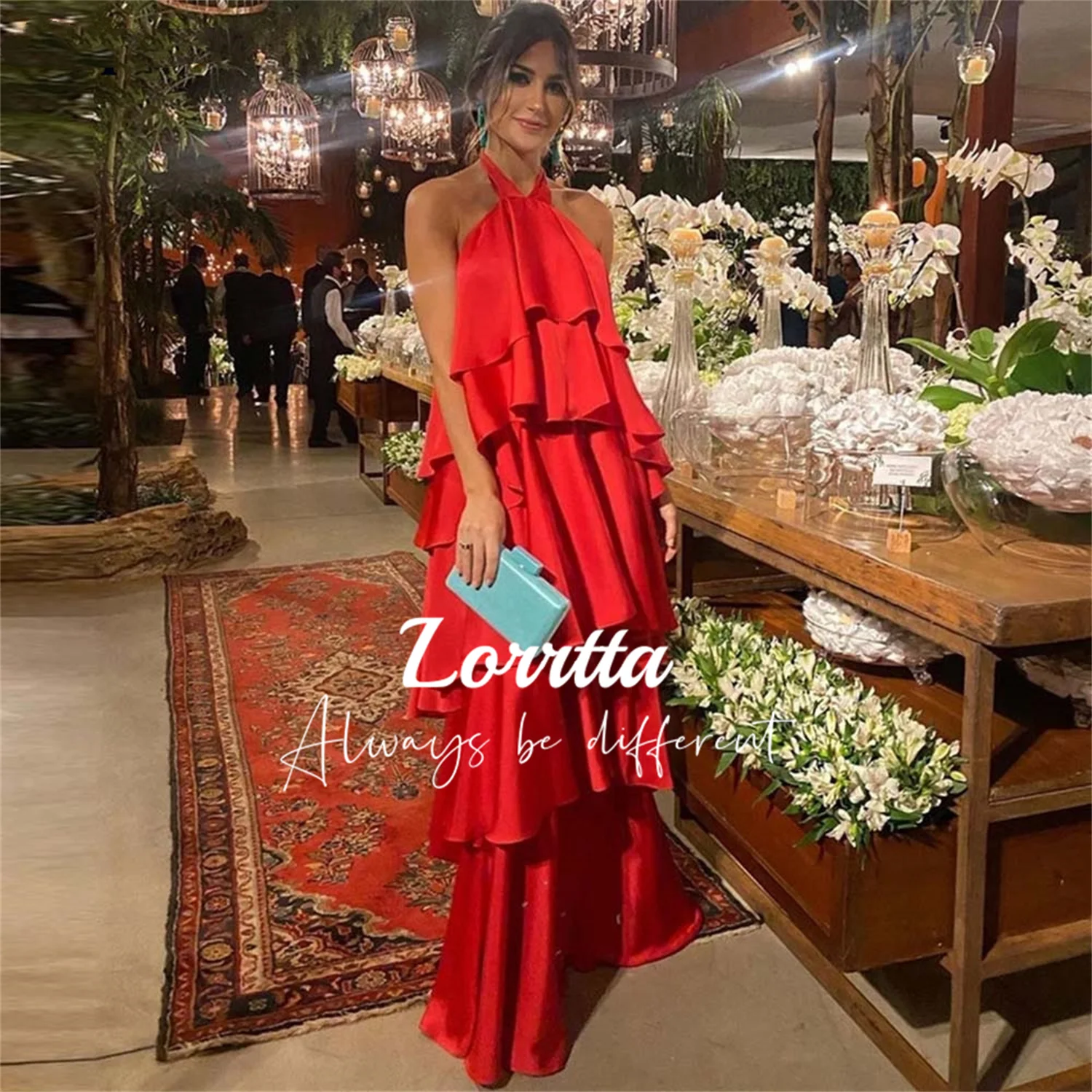 

Lorrtta Red Satin Arabian Evening Dress Layered Women's Long Halter Backless Sexy Wedding Party Dresses Prom Sleeveless Formal