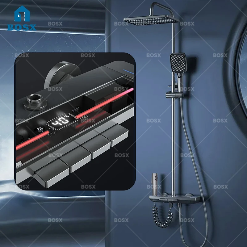 ชุดฝักบัวอาบน้ำระบบไฟสีเทา Gunmetal พร้อมไฟ Ambient Lighting  ระบบดิจิตอลอัจฉริยะ  ควบคุมอุณหภูมิร้อน-เย็น  พร้อมระบบเพิ่มแรงดันน้ำ สำหรับใช้ในบ้าน 1